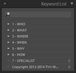 Hierarchical keyword categories viewed in Lightroom